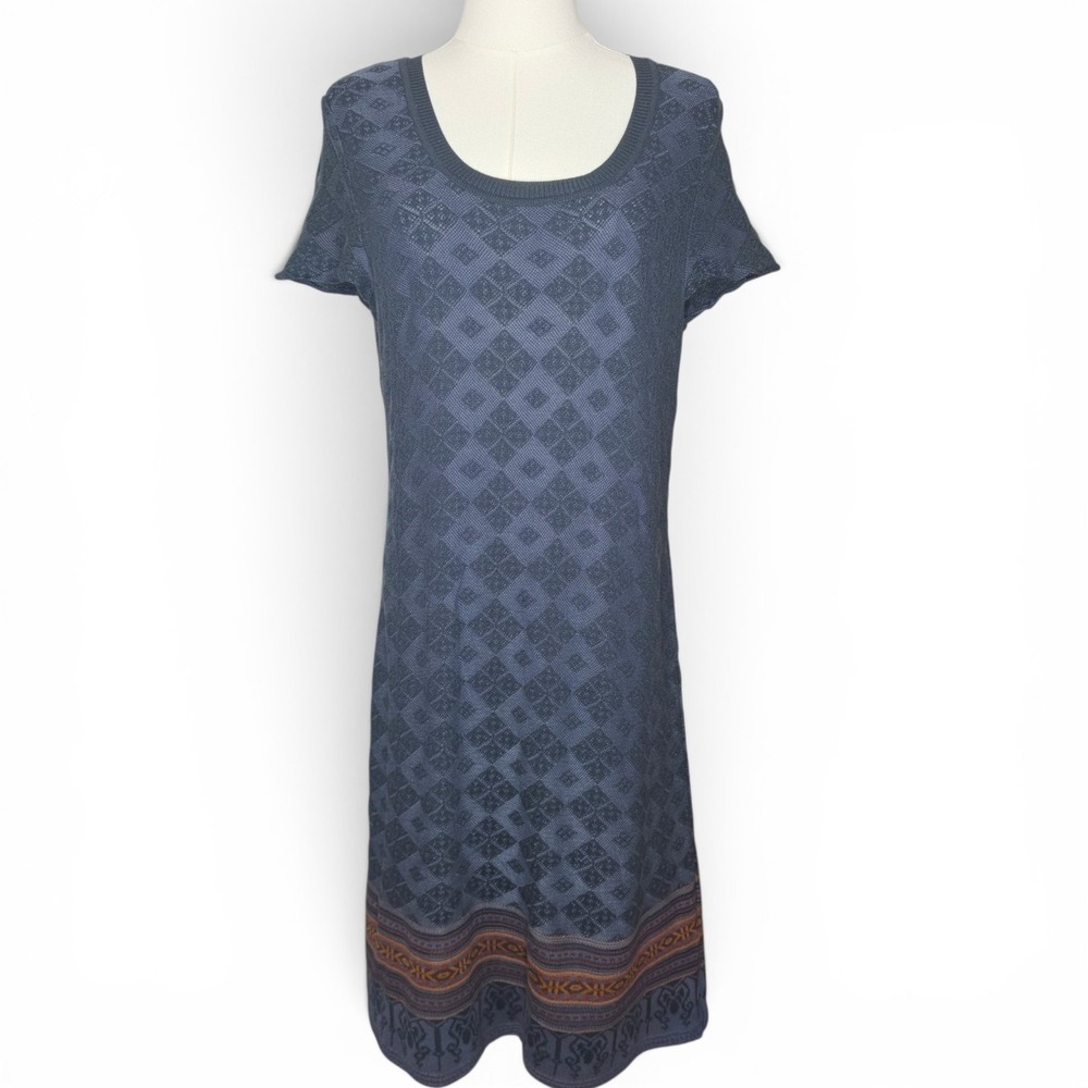 Peruvian Connection Cotton Blue Geometric Knit Scoop Neck‎ Shift Midi Dress L